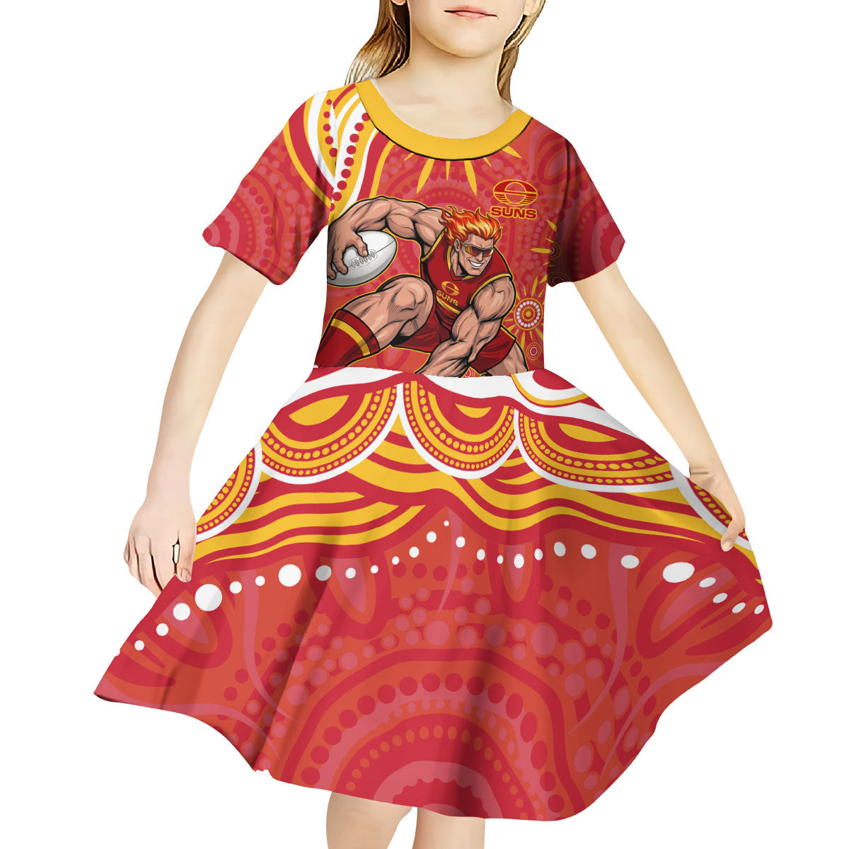 Personalized Gold Coast Suns Mascot Kid Short Sleeve Dress Aboriginal Dot Art - Dreamtime Football Mascot