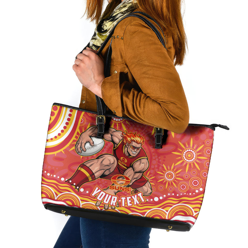 Personalized Gold Coast Suns Mascot Leather Tote Bag Aboriginal Dot Art - Dreamtime Football Mascot