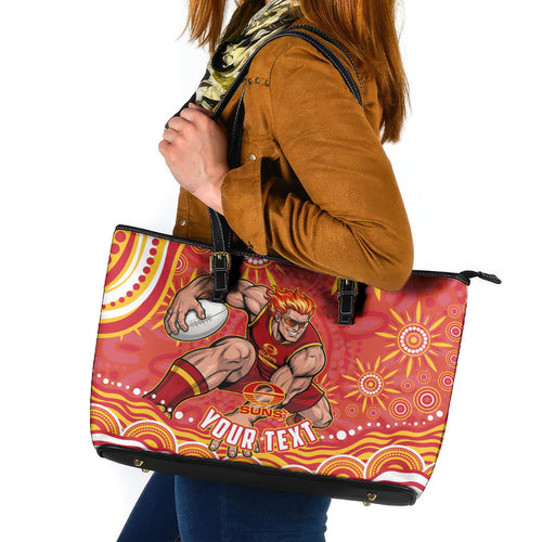 Personalized Gold Coast Suns Mascot Leather Tote Bag Aboriginal Dot Art - Dreamtime Football Mascot