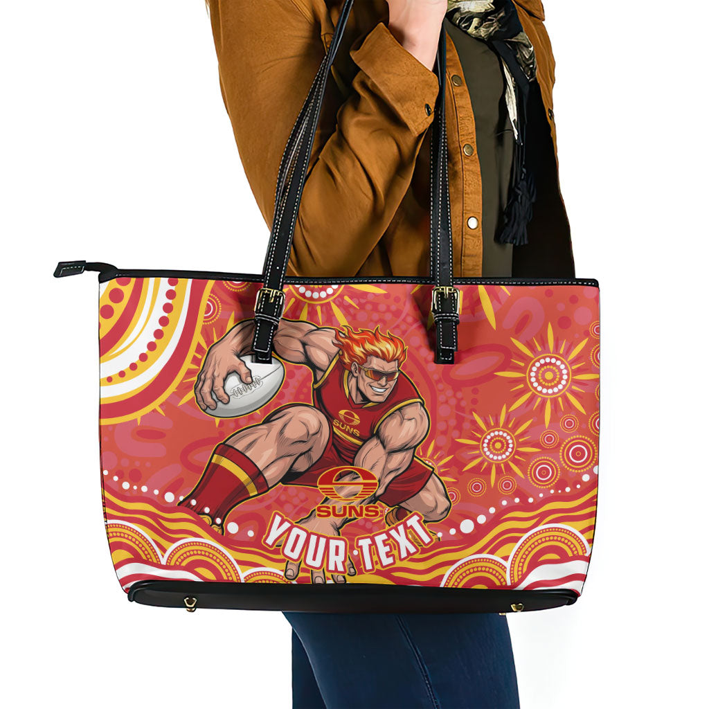 Personalized Gold Coast Suns Mascot Leather Tote Bag Aboriginal Dot Art - Dreamtime Football Mascot
