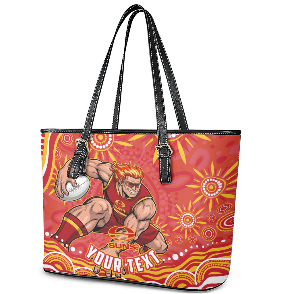 Personalized Gold Coast Suns Mascot Leather Tote Bag Aboriginal Dot Art - Dreamtime Football Mascot