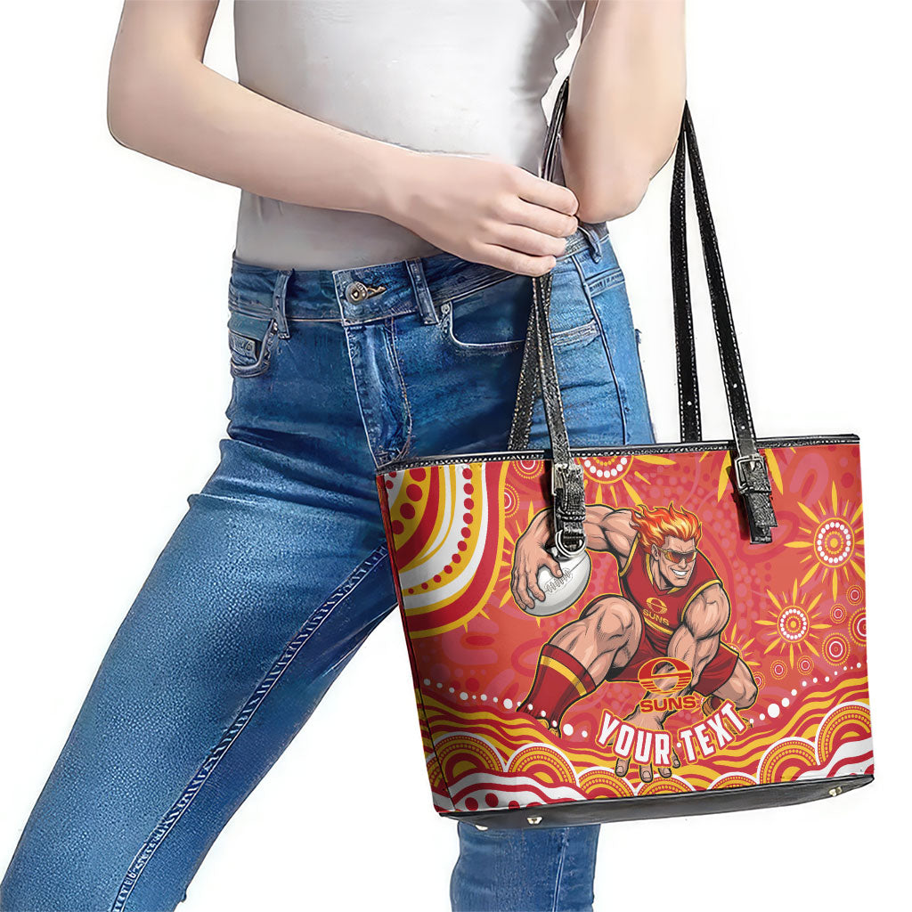 Personalized Gold Coast Suns Mascot Leather Tote Bag Aboriginal Dot Art - Dreamtime Football Mascot