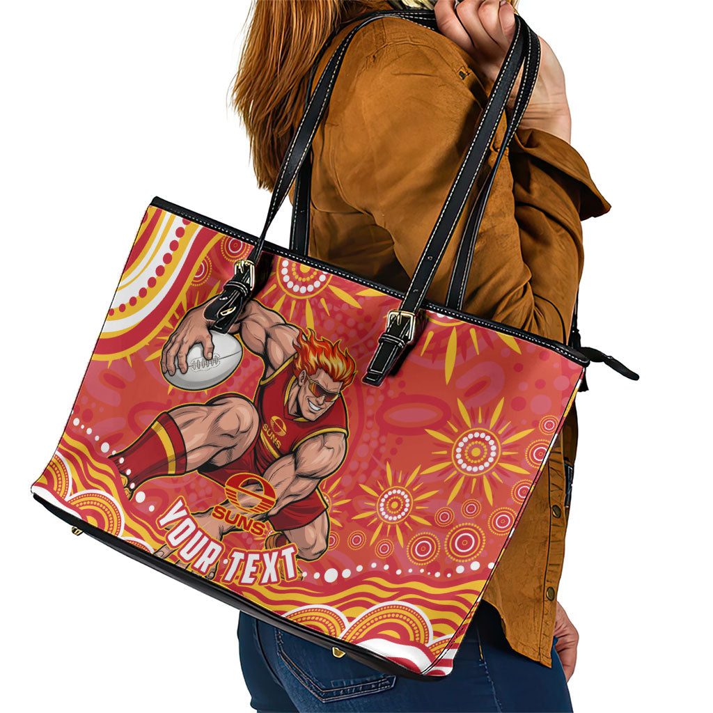 Personalized Gold Coast Suns Mascot Leather Tote Bag Aboriginal Dot Art - Dreamtime Football Mascot