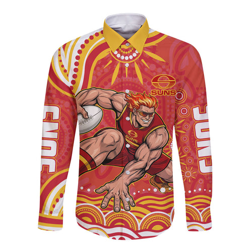 Personalized Gold Coast Suns Mascot Long Sleeve Button Shirt Aboriginal Dot Art - Dreamtime Football Mascot