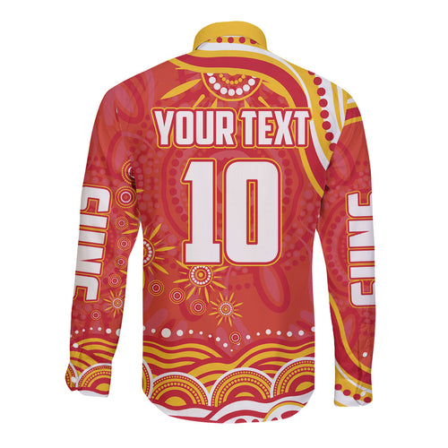 Personalized Gold Coast Suns Mascot Long Sleeve Button Shirt Aboriginal Dot Art - Dreamtime Football Mascot