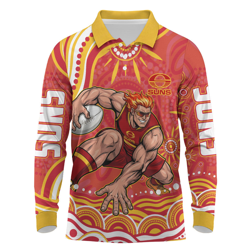 Personalized Gold Coast Suns Mascot Long Sleeve Polo Shirt Aboriginal Dot Art - Dreamtime Football Mascot
