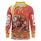 Personalized Gold Coast Suns Mascot Long Sleeve Polo Shirt Aboriginal Dot Art - Dreamtime Football Mascot