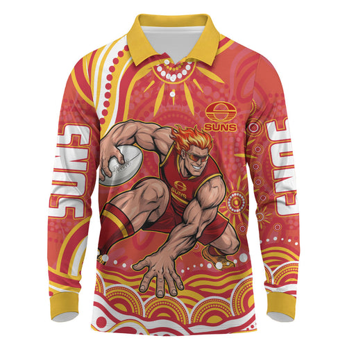 Personalized Gold Coast Suns Mascot Long Sleeve Polo Shirt Aboriginal Dot Art - Dreamtime Football Mascot
