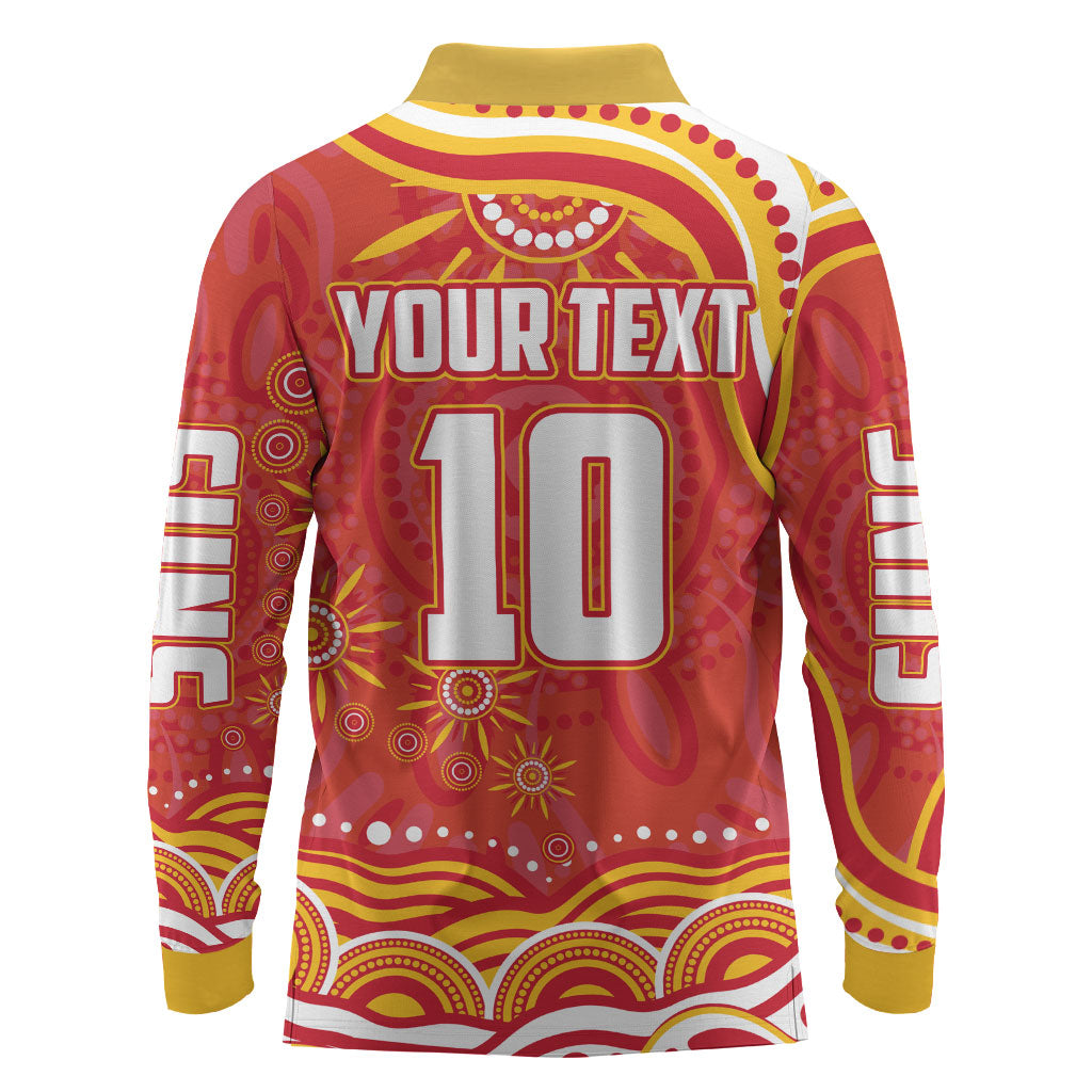 Personalized Gold Coast Suns Mascot Long Sleeve Polo Shirt Aboriginal Dot Art - Dreamtime Football Mascot