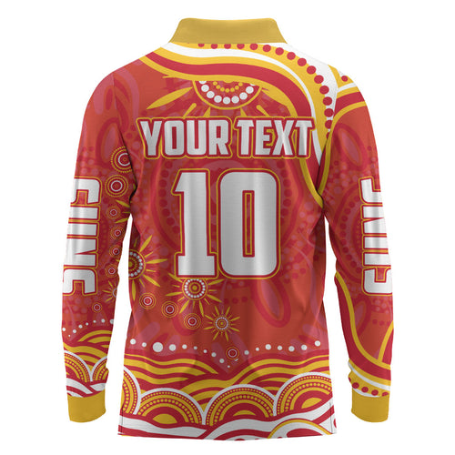 Personalized Gold Coast Suns Mascot Long Sleeve Polo Shirt Aboriginal Dot Art - Dreamtime Football Mascot