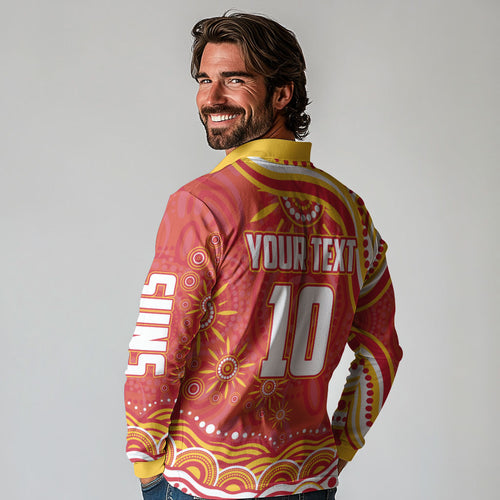 Personalized Gold Coast Suns Mascot Long Sleeve Polo Shirt Aboriginal Dot Art - Dreamtime Football Mascot
