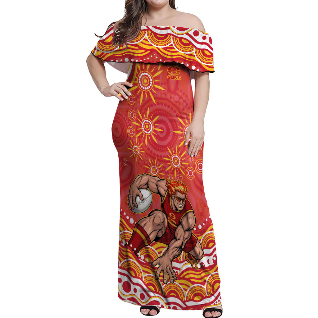 Personalized Gold Coast Suns Mascot Off Shoulder Maxi Dress Aboriginal Dot Art - Dreamtime Football Mascot