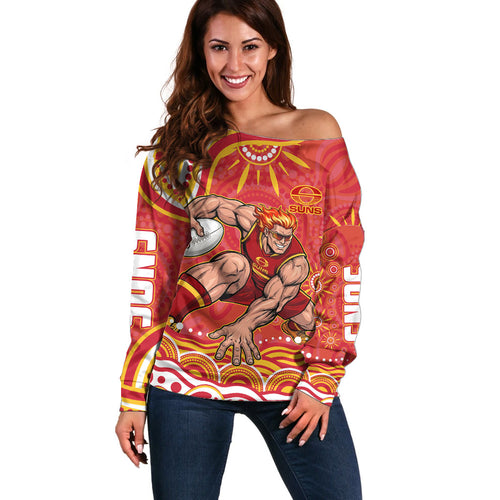 Personalized Gold Coast Suns Mascot Off Shoulder Sweater Aboriginal Dot Art - Dreamtime Football Mascot