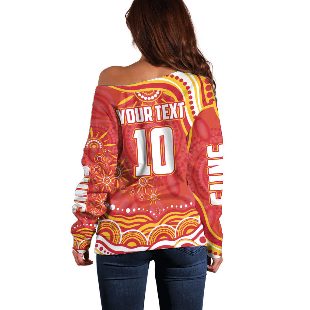 Personalized Gold Coast Suns Mascot Off Shoulder Sweater Aboriginal Dot Art - Dreamtime Football Mascot