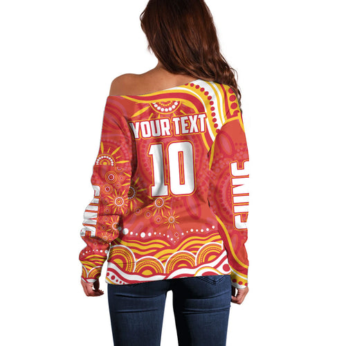 Personalized Gold Coast Suns Mascot Off Shoulder Sweater Aboriginal Dot Art - Dreamtime Football Mascot