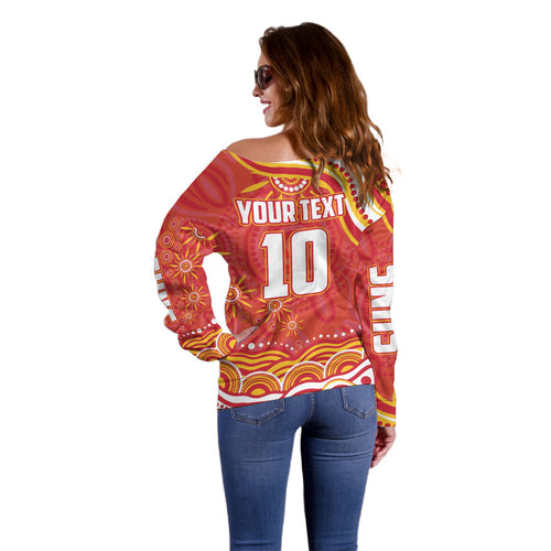 Personalized Gold Coast Suns Mascot Off Shoulder Sweater Aboriginal Dot Art - Dreamtime Football Mascot