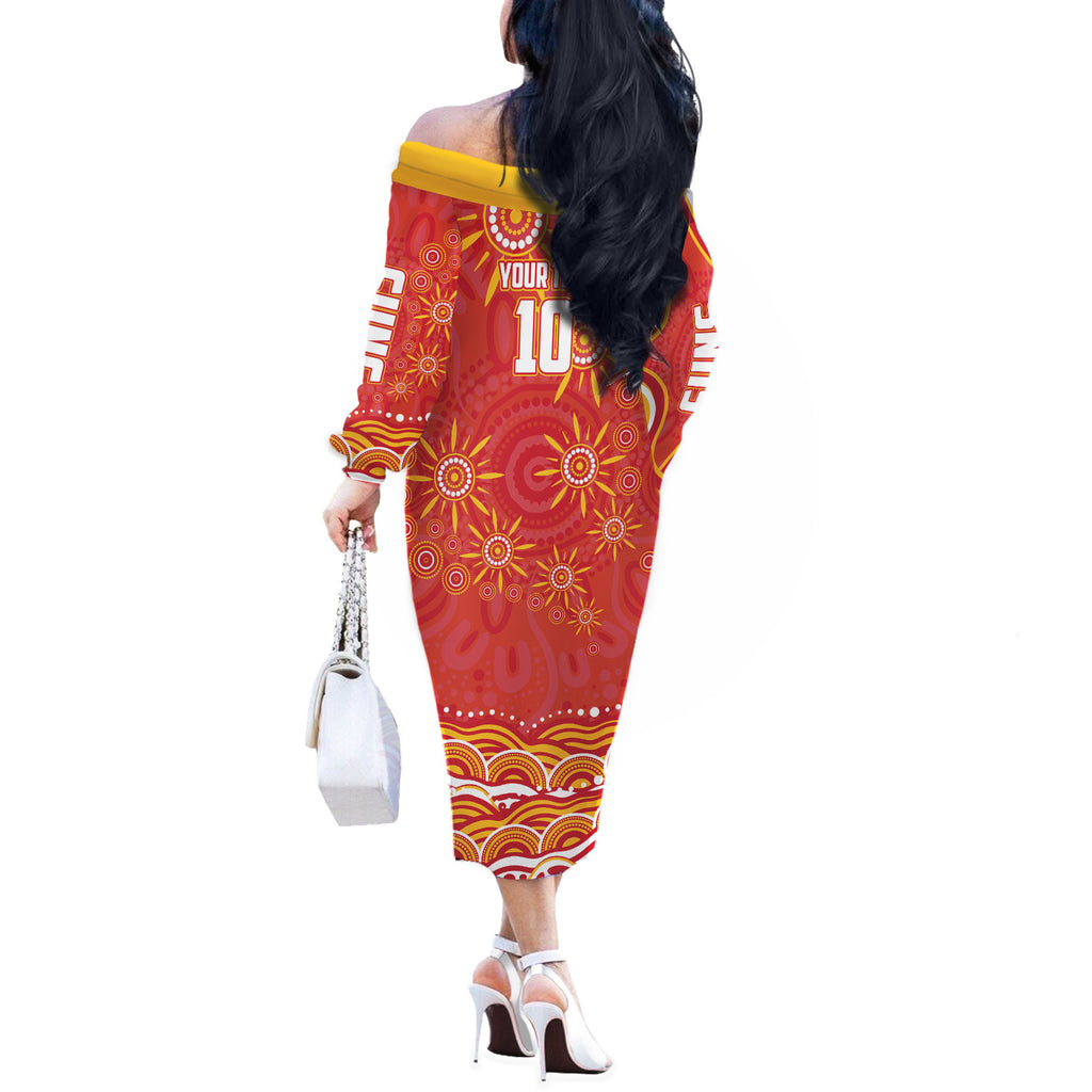 Personalized Gold Coast Suns Mascot Off The Shoulder Long Sleeve Dress Aboriginal Dot Art - Dreamtime Football Mascot