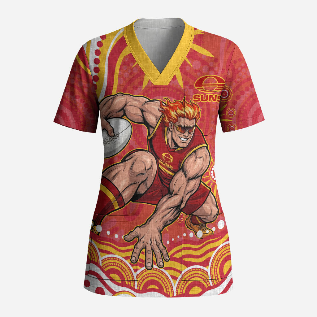 Personalized Gold Coast Suns Mascot Scrub Top Aboriginal Dot Art - Dreamtime Football Mascot