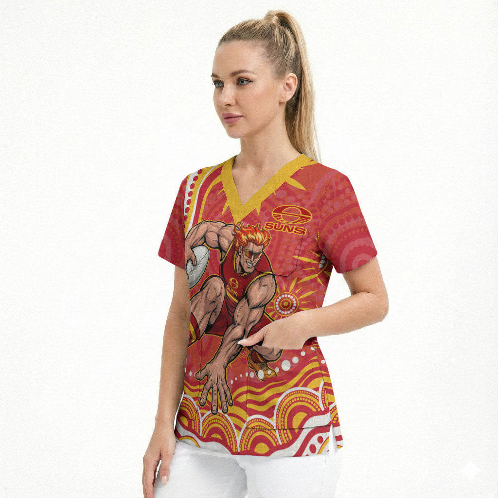 Personalized Gold Coast Suns Mascot Scrub Top Aboriginal Dot Art - Dreamtime Football Mascot