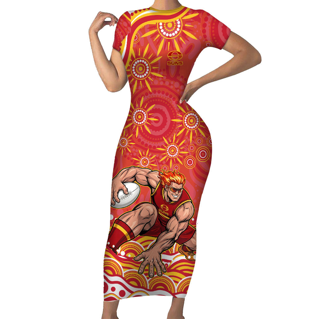 Personalized Gold Coast Suns Mascot Short Sleeve Bodycon Dress Aboriginal Dot Art - Dreamtime Football Mascot