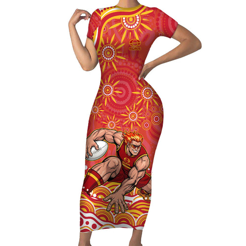 Personalized Gold Coast Suns Mascot Short Sleeve Bodycon Dress Aboriginal Dot Art - Dreamtime Football Mascot
