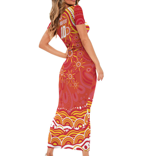 Personalized Gold Coast Suns Mascot Short Sleeve Bodycon Dress Aboriginal Dot Art - Dreamtime Football Mascot