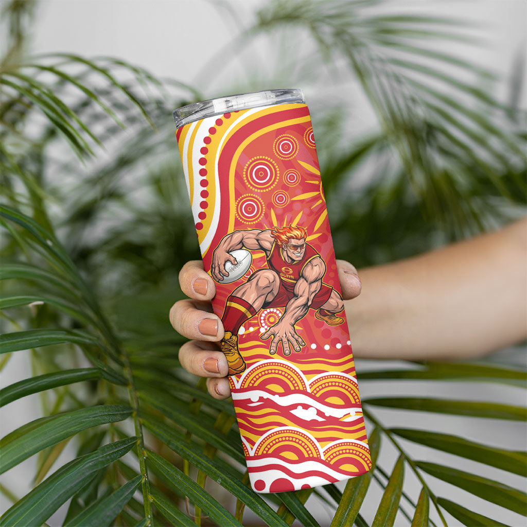 Personalized Gold Coast Suns Mascot Skinny Tumbler Aboriginal Dot Art - Dreamtime Football Mascot