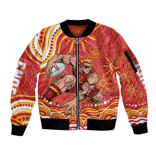 Personalized Gold Coast Suns Mascot Sleeve Zip Bomber Jacket Aboriginal Dot Art - Dreamtime Football Mascot