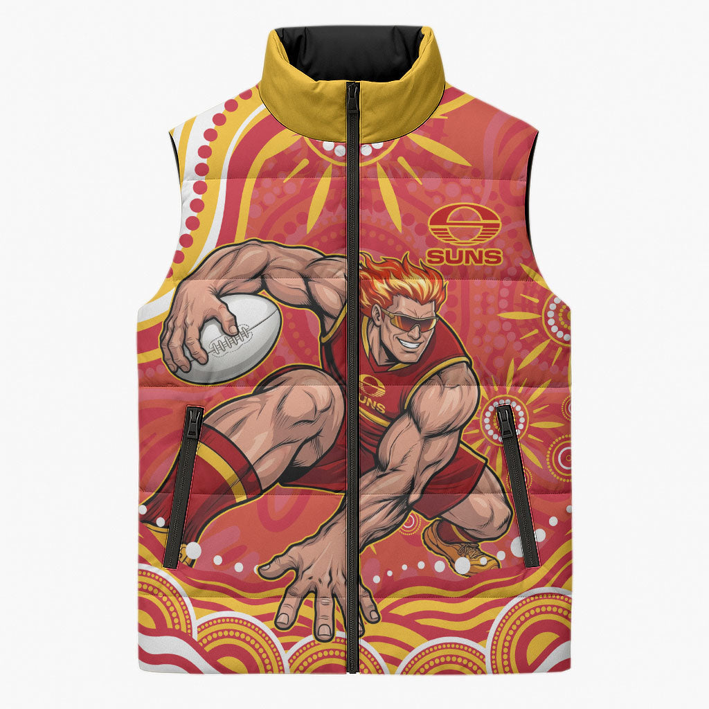 Personalized Gold Coast Suns Mascot Sleeveless Puffer Jacket Aboriginal Dot Art - Dreamtime Football Mascot