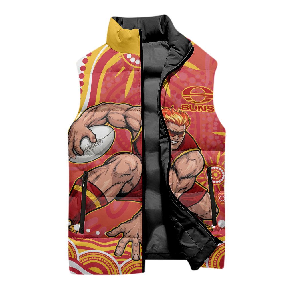Personalized Gold Coast Suns Mascot Sleeveless Puffer Jacket Aboriginal Dot Art - Dreamtime Football Mascot