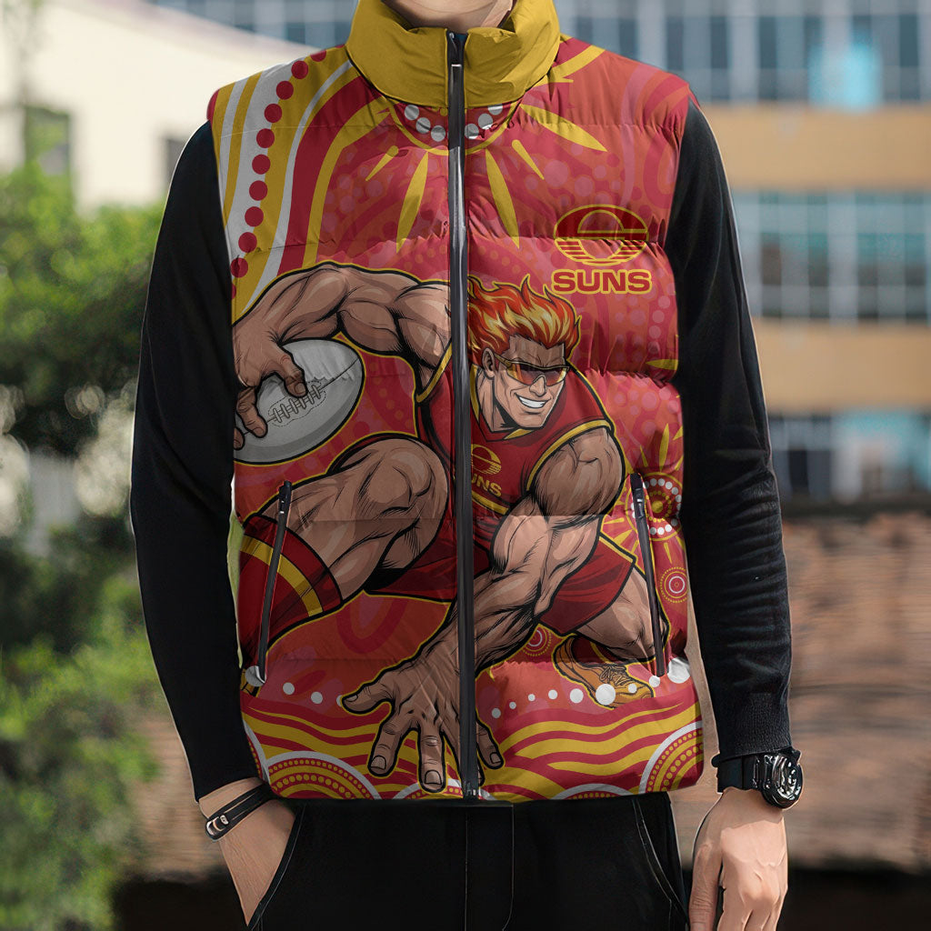 Personalized Gold Coast Suns Mascot Sleeveless Puffer Jacket Aboriginal Dot Art - Dreamtime Football Mascot