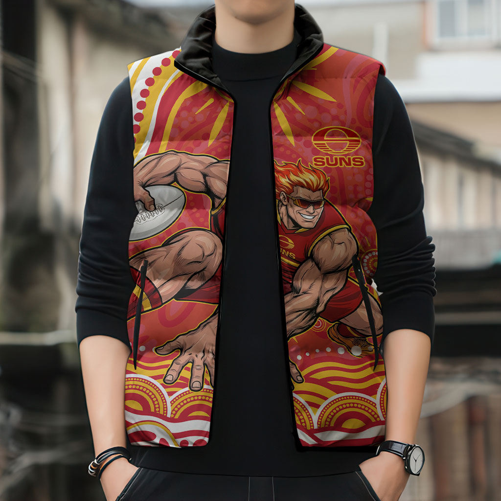Personalized Gold Coast Suns Mascot Sleeveless Puffer Jacket Aboriginal Dot Art - Dreamtime Football Mascot