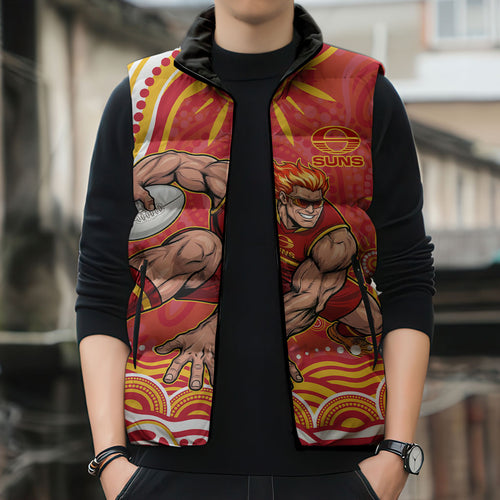 Personalized Gold Coast Suns Mascot Sleeveless Puffer Jacket Aboriginal Dot Art - Dreamtime Football Mascot