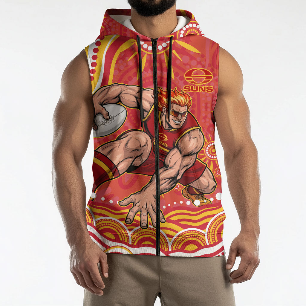 Personalized Gold Coast Suns Mascot Sleeveless Zip Hoodie Aboriginal Dot Art - Dreamtime Football Mascot