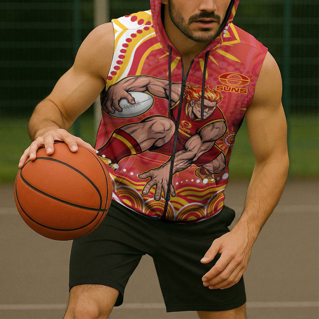 Personalized Gold Coast Suns Mascot Sleeveless Zip Hoodie Aboriginal Dot Art - Dreamtime Football Mascot