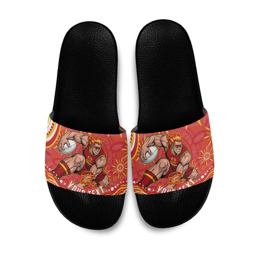 Personalized Gold Coast Suns Mascot Slide Sandals Aboriginal Dot Art - Dreamtime Football Mascot