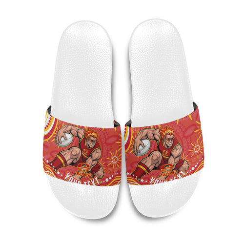 Personalized Gold Coast Suns Mascot Slide Sandals Aboriginal Dot Art - Dreamtime Football Mascot