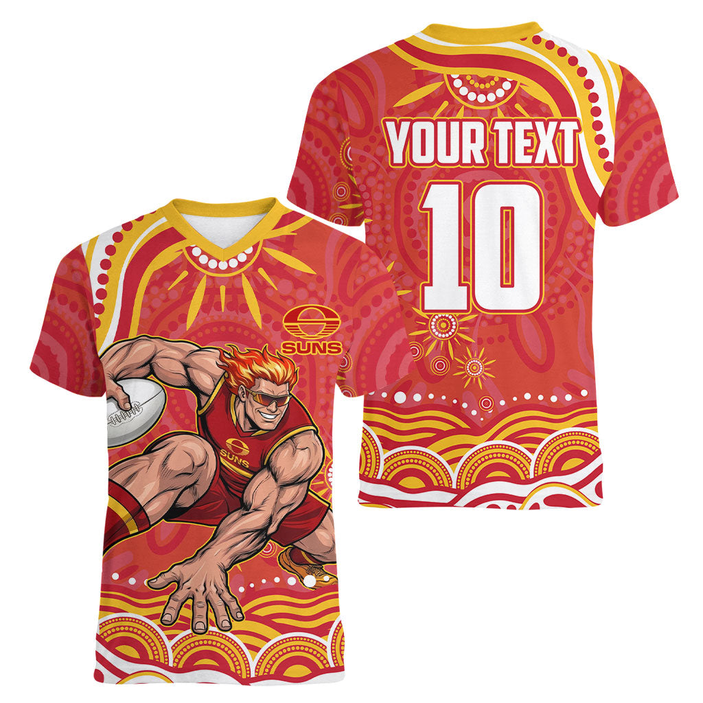 Personalized Gold Coast Suns Mascot Women V-Neck T-Shirt Aboriginal Dot Art - Dreamtime Football Mascot