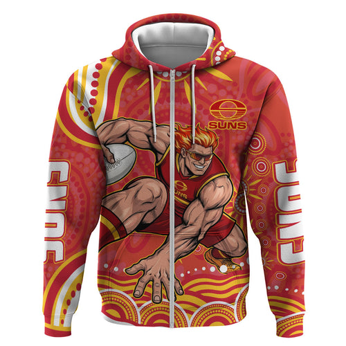 Personalized Gold Coast Suns Mascot Zip Hoodie Aboriginal Dot Art - Dreamtime Football Mascot