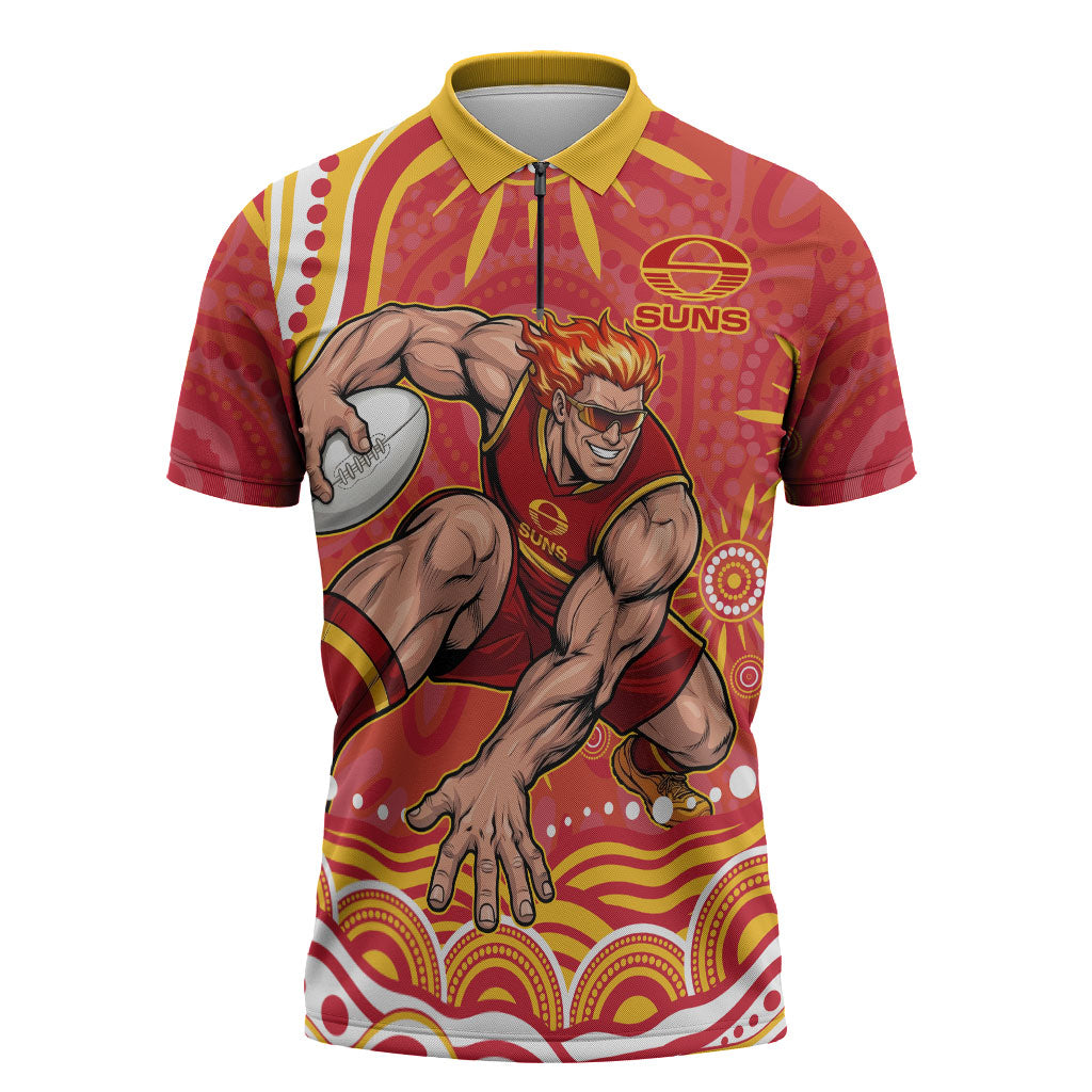 Personalized Gold Coast Suns Mascot Zipper Polo Shirt Aboriginal Dot Art - Dreamtime Football Mascot