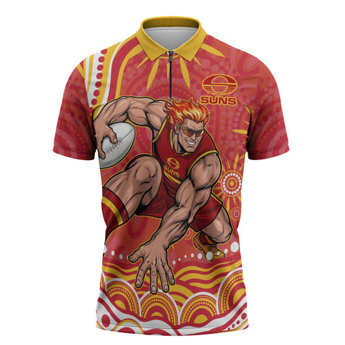 Personalized Gold Coast Suns Mascot Zipper Polo Shirt Aboriginal Dot Art - Dreamtime Football Mascot