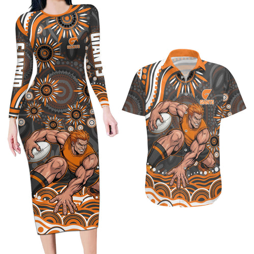 Personalized GWS Giants Rugby Couples Matching Long Sleeve Bodycon Dress and Hawaiian Shirt Aboriginal Dot Art - Dreamtime Football Mascot