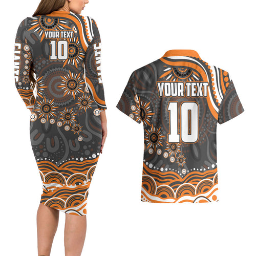 Personalized GWS Giants Rugby Couples Matching Long Sleeve Bodycon Dress and Hawaiian Shirt Aboriginal Dot Art - Dreamtime Football Mascot