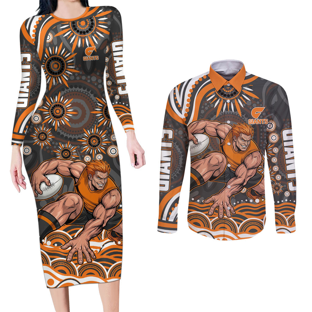 Personalized GWS Giants Rugby Couples Matching Long Sleeve Bodycon Dress and Long Sleeve Button Shirt Aboriginal Dot Art - Dreamtime Football Mascot