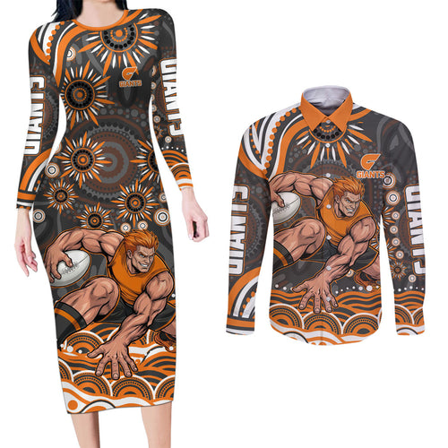 Personalized GWS Giants Rugby Couples Matching Long Sleeve Bodycon Dress and Long Sleeve Button Shirt Aboriginal Dot Art - Dreamtime Football Mascot