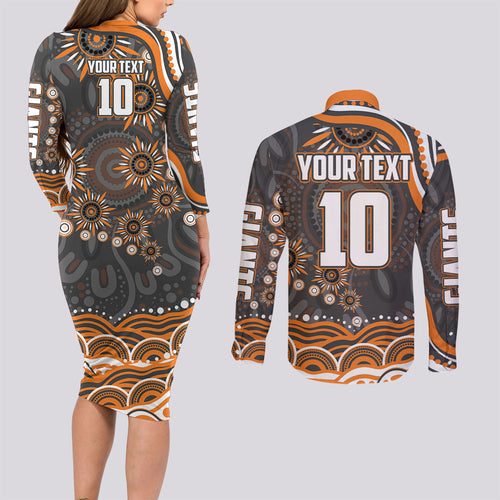 Personalized GWS Giants Rugby Couples Matching Long Sleeve Bodycon Dress and Long Sleeve Button Shirt Aboriginal Dot Art - Dreamtime Football Mascot