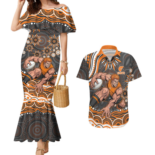Personalized GWS Giants Rugby Couples Matching Mermaid Dress and Hawaiian Shirt Aboriginal Dot Art - Dreamtime Football Mascot