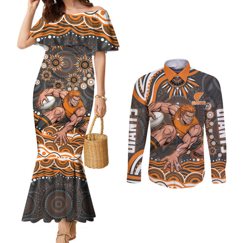 Personalized GWS Giants Rugby Couples Matching Mermaid Dress and Long Sleeve Button Shirt Aboriginal Dot Art - Dreamtime Football Mascot