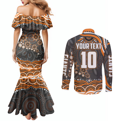 Personalized GWS Giants Rugby Couples Matching Mermaid Dress and Long Sleeve Button Shirt Aboriginal Dot Art - Dreamtime Football Mascot