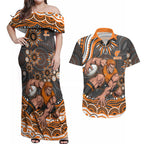 Personalized GWS Giants Rugby Couples Matching Off Shoulder Maxi Dress and Hawaiian Shirt Aboriginal Dot Art - Dreamtime Football Mascot